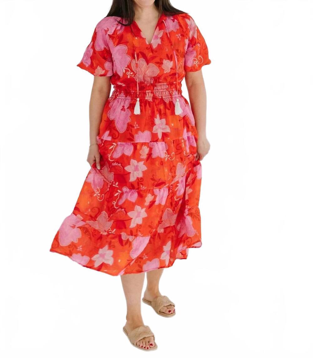 NEW THML francis floral puff sleeve tiered maxi dress in orange